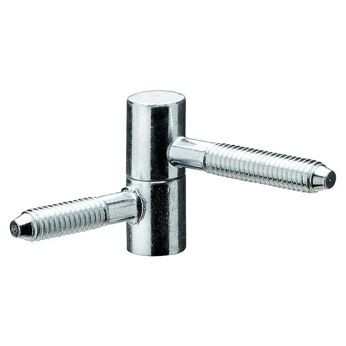Hettich Einbohrband - Verzinkt, Geeignet für: Holzzargen, Ø x H: 13 x 39 mm - Bild einer Türangel mit zwei Bolzen, die aus dem zentralen Zylinder herausragen. Die Angel ist silbern und glänzend.