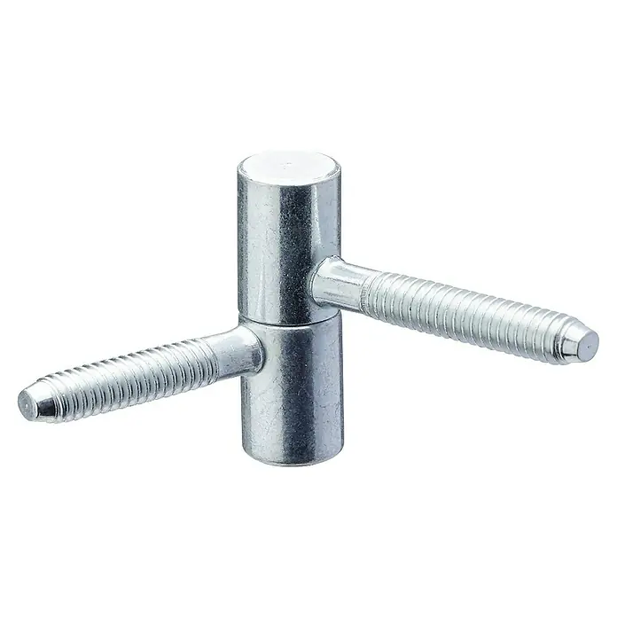 Hettich Einbohrband - Verzinkt, Geeignet für: Holzzargen, Ø x H: 10 x 34 mm - Nahaufnahme eines Metallscharniers mit Gewindezapfen, das für robuste Verbindungen und einfache Installation konzipiert ist.