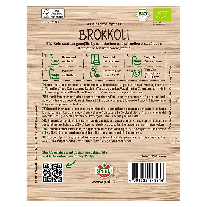 Sperli Gemüsesamen Bio Keimsprossen Brokkoli - Brassica rapa cymosa - Bild einer Brokkolisamenpackung von Sperli, ideal für die Anzucht von Keimsprossen und Microgreens.