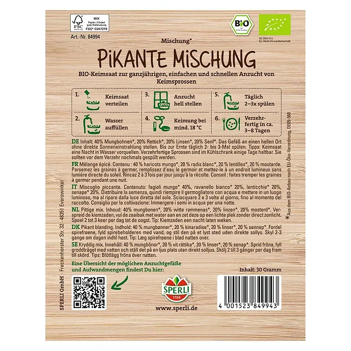Sperli Gemüsesamen Bio Pikante Mischung - Keimsprossen Pikante Mischung - Bild eines Päckchens "Pikante Mischung" Bio-Keimsaat mit Anweisungen zur Anzucht von Keimsprossen.