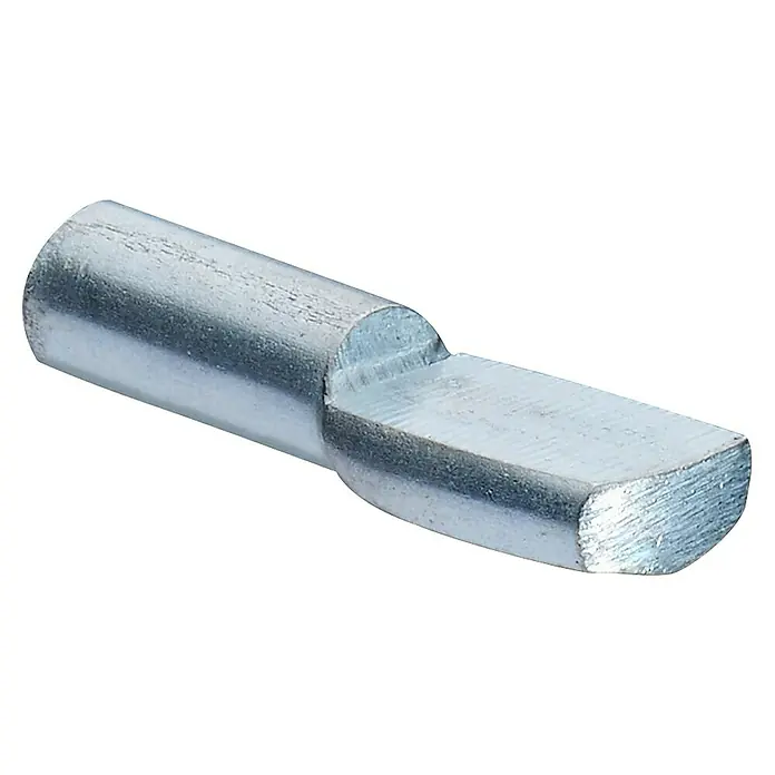 Hettich Bodenträger - Durchmesser: 4 mm, Silber, Stahl - Nahaufnahme eines metallischen Regalbodenhalters, der in silbernem Farbton glänzt und eine robuste Konstruktion für Regale präsentiert.