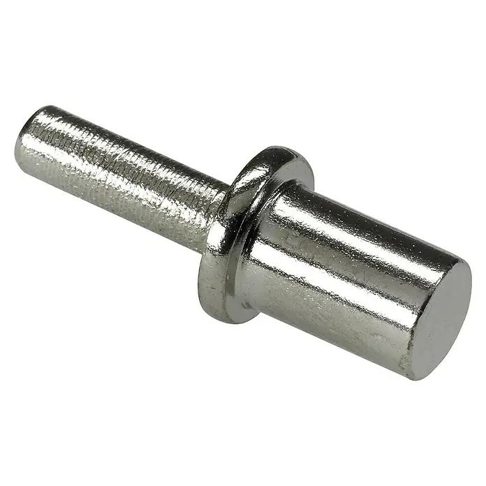 Hettich Steckbodenträger - Durchmesser: 3 mm, Silber, Stahl - Nahaufnahme eines glänzenden, silberfarbenen Regalbodenträgers mit gerändeltem Stift und breiterem Kopf zur Möbelbefestigung.