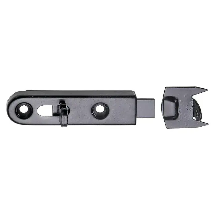 Hettich Schieberiegel - L x B: 50 x 13 mm, Schwarz, Stahl - Nahaufnahme eines schwarzen Bolzenriegels mit Verriegelungsmechanismus und Befestigungslöchern, ideal für die Türsicherung.