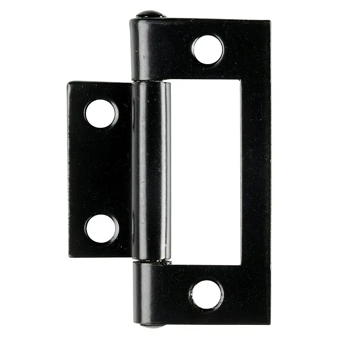 Hettich Scharnier - B x H: 23 x 50 mm, Stahl, Pulverbeschichtet, Silber - Schwarzes Scharnier aus Metall, das sich durch seine robuste Bauweise und seine sichtbaren Schraubenlöcher auszeichnet.