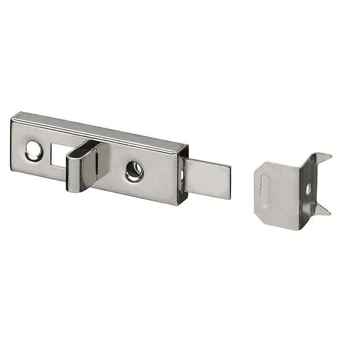 Hettich Schieberiegel - L x B: 16 x 51 mm, Silber, Stahl - Detailaufnahme eines glänzenden, silberfarbenen Kastenschlosses und des passenden Gegenstücks vor einem neutralen Hintergrund.