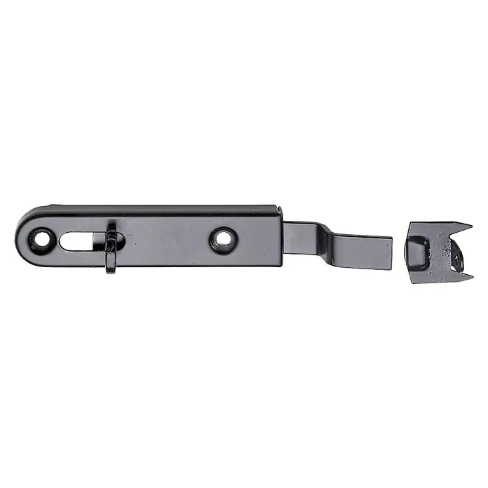 Hettich Schieberiegel - L x B: 70 x 16 mm, Schwarz, Stahl - Abgebildet ist ein schwarzes Riegelschloss, das für zusätzliche Sicherheit an Türen und Fenstern sorgt. Das Schloss ist robust und einfach zu installieren.