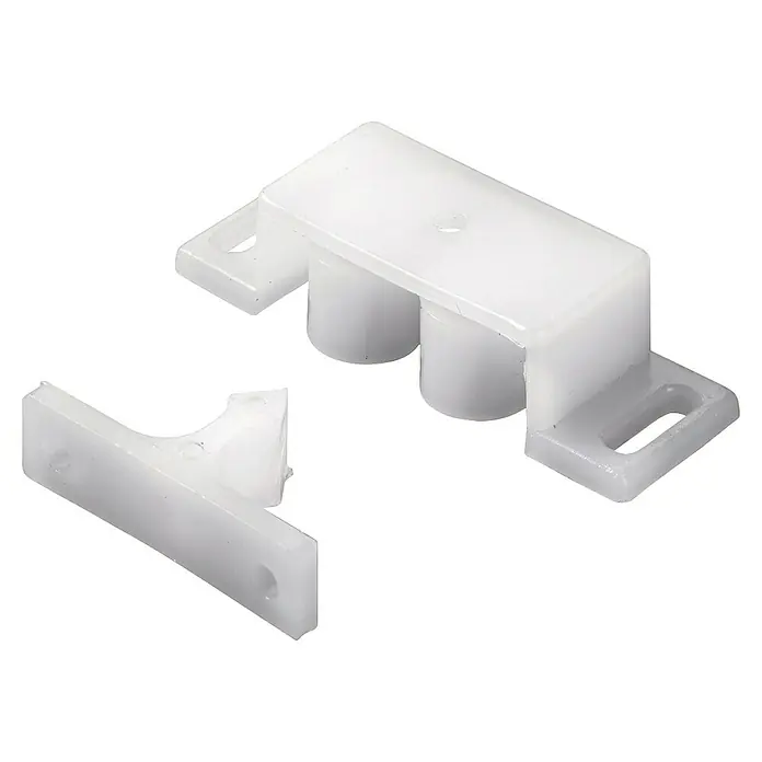 Hettich Rollenschnapper - L x B x H: 50 x 16 x 12 mm, Kunststoff, Weiß - Weißer Schubladenroller und -führung aus Kunststoff, ein Hauptteil mit zwei Rädern und ein kleineres Begleitteil.
