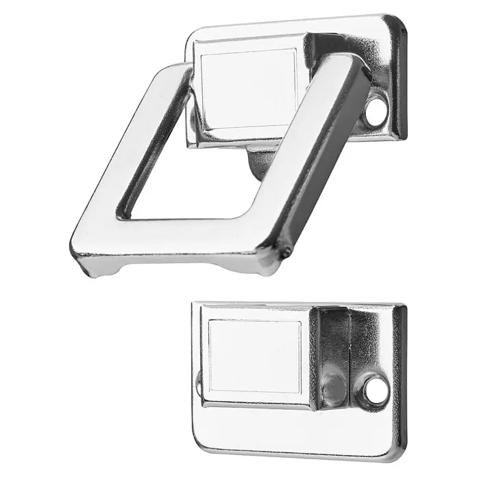 Hettich Kistenverschluss - L x B: 35 x 30 mm, Vernickelt - Zwei glänzende, verchromte Metall-Fallgriffe für Möbel, in zwei Positionen dargestellt.