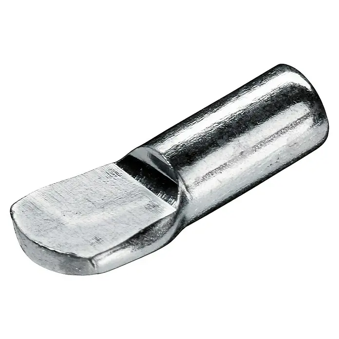 Hettich Bodenträger - Durchmesser: 5 mm, Silber, Stahl - Nahaufnahme eines metallischen Regalbodenträgers, der zur Befestigung von Regalböden in Möbeln dient. Er ist robust und langlebig.