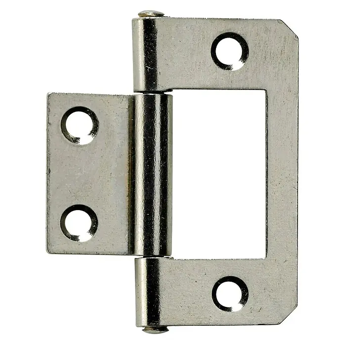 Hettich Scharnier - B x H: 20 x 38 mm, Stahl, Vernickelt, Silber - Nahaufnahme eines silberfarbenen Scharniers mit vier Schraubenlöchern. Das Scharnier ist geöffnet und zeigt seine mechanische Konstruktion.