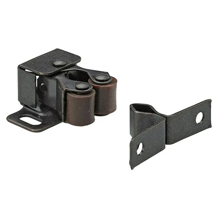 Hettich Rollenschnapper - L x B x H: 33 x 14 x 28 mm, Bronze - Dunkler Metall-Rollverschluss mit braunen Rollen und passendem Schließblech zum Sichern von Türen.