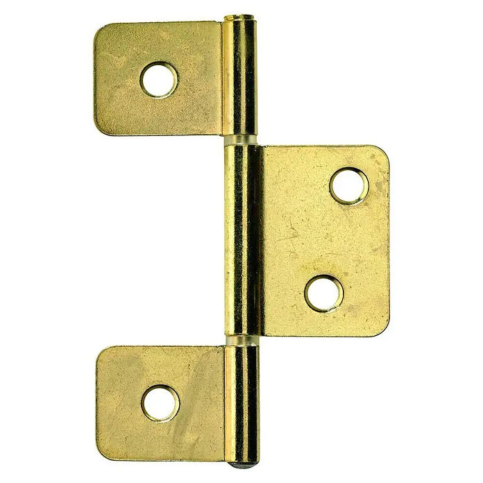 Hettich Scharnier - B x H: 29 x 90 mm, Stahl, Vermessingt, Silber - Nahaufnahme eines goldenen Türbandes, das teilweise geöffnet ist und die Mechanik und die Befestigungslöcher zeigt.