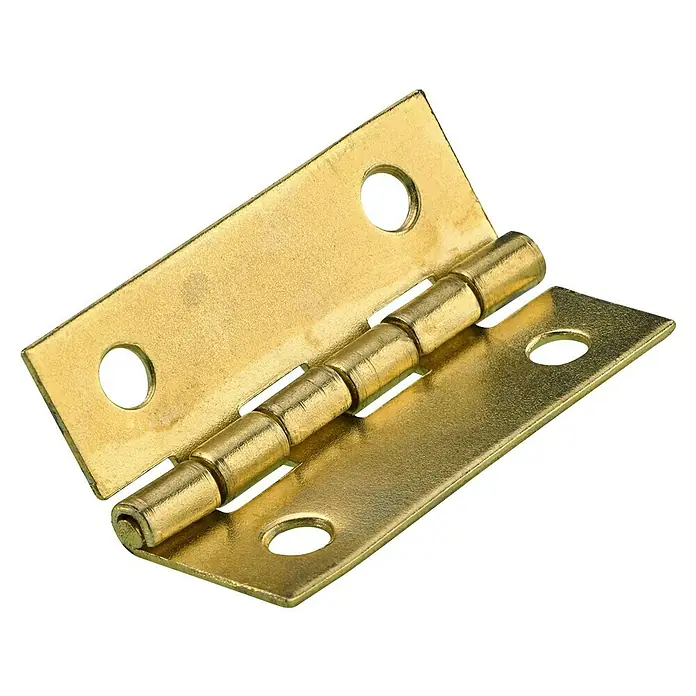 Hettich Scharniere - L x B x H: 30 x 20 x 30 mm, Vermessingt, 1 Stk. - Nahaufnahme eines goldenen Scharniers, das geöffnet ist und die Mechanismen und Befestigungslöcher des Produkts zeigt.