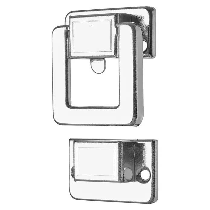 Hettich Kistenverschluss - L x B: 35 x 30 mm, Vernickelt - Glänzender quadratischer Möbelgriff aus silbernem Metall mit flacher Montageplatte.