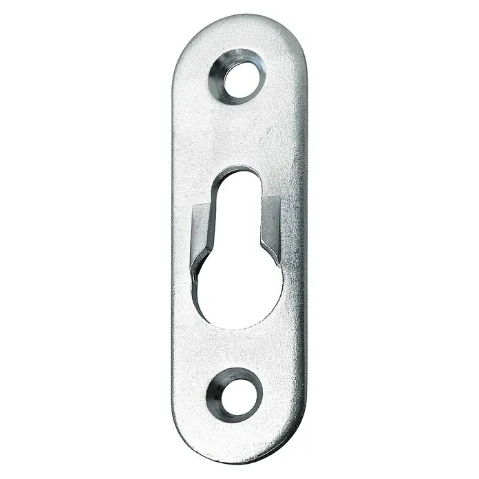 Hettich Schrankaufhänger - L x B x H: 62 x 19 x 2 mm - Nahaufnahme einer metallenen Bilderrahmenaufhängung mit Schlüsselloch für eine sichere Wandmontage. Robuste Konstruktion, ideal für Bilder.