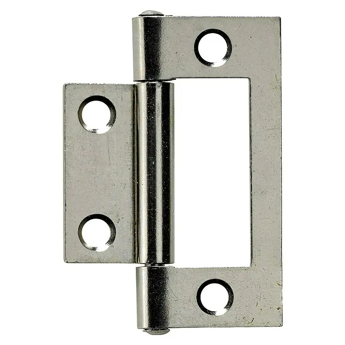 Hettich Scharnier - B x H: 23 x 50 mm, Stahl, Vernickelt, Silber - Nahaufnahme eines offenen, silberfarbenen Scharniers mit Befestigungslöchern vor einem schwarzen Hintergrund.