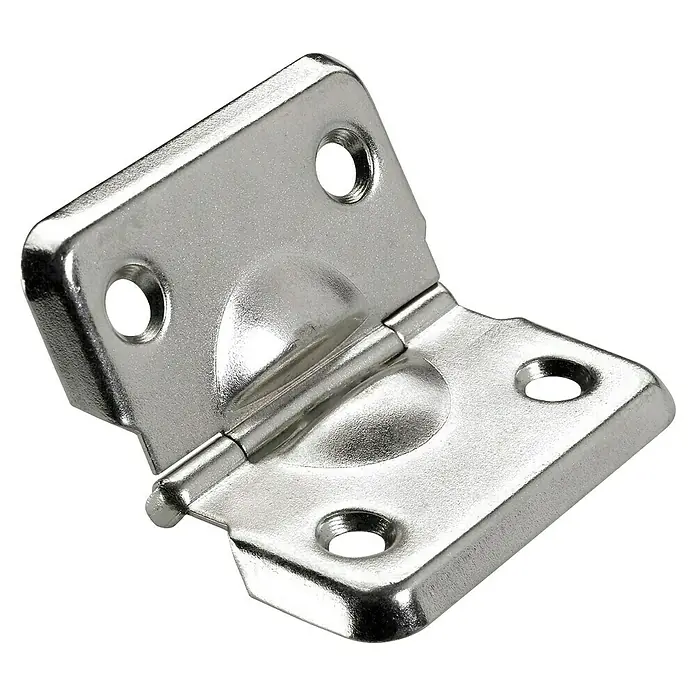 Hettich Kistenverschluss - L x B: 40 x 45 mm, Vernickelt - Glänzendes silbernes Metallscharnier mit vier Schraubenlöchern, teilweise geöffnet dargestellt.