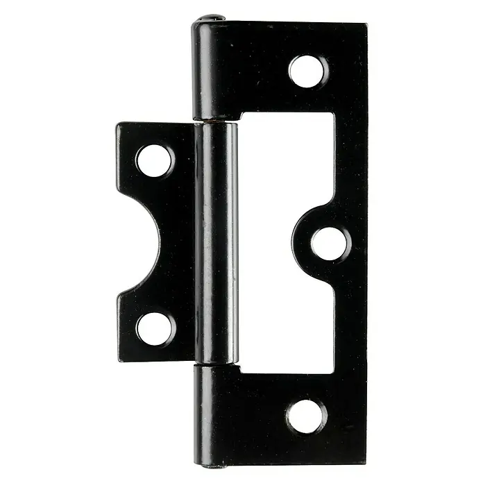 Hettich Scharnier - B x H: 25 x 63 mm, Stahl, Pulverbeschichtet, Silber - Nahaufnahme eines schwarzen Türbandes mit sichtbarem Stift und Befestigungslöchern für eine detaillierte Ansicht.