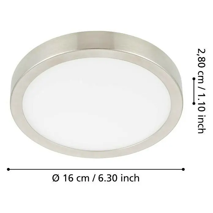 Eglo LED-Deckenleuchte rund Fueva 5 - 10,5 W, Ø x H: 160 x 28 mm, Nickel matt, Neutralweiß - Nahaufnahme einer runden Deckenleuchte mit silbernem Rahmen und Maßen.