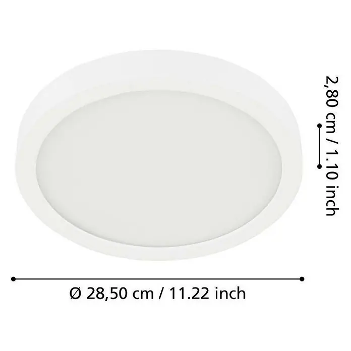Eglo Fueva 5 LED-Deckenleuchte rund - Ø x H: 28,5 x 2,8 cm, 20 W, Weiß, Neutralweiß - Produktbild einer runden, weißen Deckenleuchte mit den Maßen 28,5 cm Durchmesser und 2,8 cm Höhe.