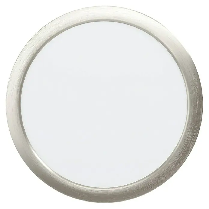 Eglo LED-Deckenleuchte rund Fueva 5 - Ø x H: 210 x 28 mm, Nickel matt - Nahaufnahme einer runden LED-Deckenleuchte mit gebürstetem Nickelrahmen und weißem Diffusor, die modernes Design und sanfte Beleuchtung vereint.