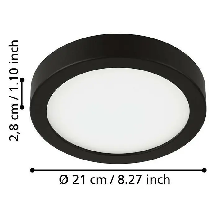 Eglo Fueva 5 LED-Wand- & Deckenleuchte rund - 16,5 W, Ø x H: 21 x 2,8 cm, Schwarz, Neutralweiß - Nahaufnahme einer runden, schwarzen Deckenleuchte mit integriertem, hellem LED-Panel und Maßangaben.