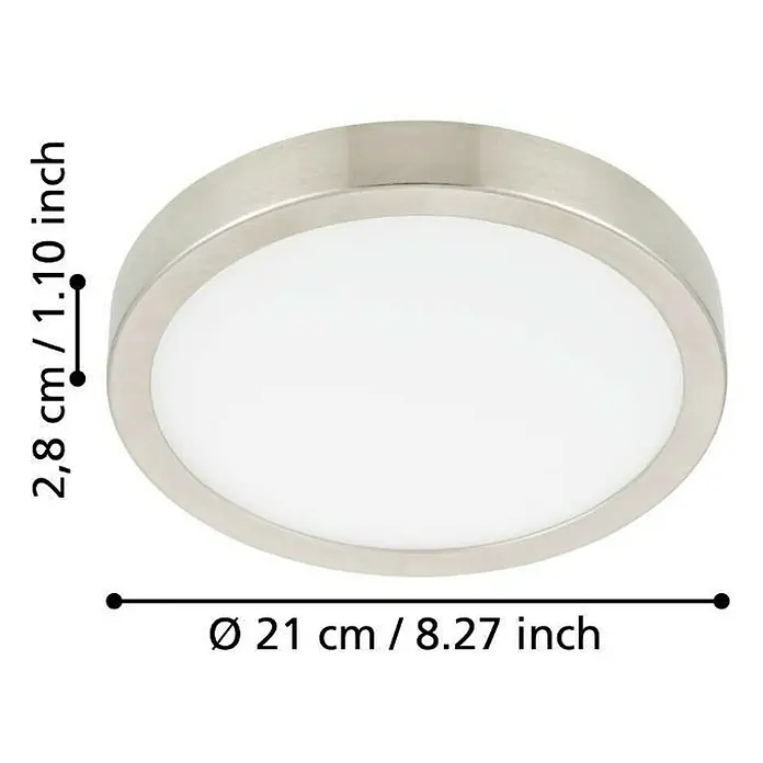 Eglo LED-Deckenleuchte rund Fueva 5 - Ø x H: 210 x 28 mm, Nickel matt - Abbildung einer runden Deckenleuchte in Silber mit den Maßen 21 cm Durchmesser und 2,8 cm Höhe.