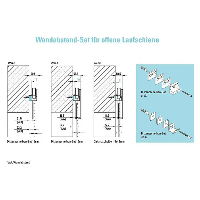 Diamond Doors Glasschiebetür-Beschlag Galaxy EM-O - Edelstahloptik, Art Beschlag: Offen, 2.000 mm, Passend für: Diamond Doors Glasschiebetüren - Wandabstand-Set für offene Laufschiene mit verschiedenen Abständen. Inklusive Distanzscheiben-Sets groß und klein für die Montage.