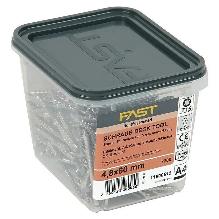 Fast Terrassenschraube - Ø x L: 4,8 x 60 mm, Edelstahl rostfrei A4, 200 Stk. - Behälter mit 200 Edelstahl A4 Terrassenschrauben (4,8x60mm) mit T15 Torx-Antrieb.