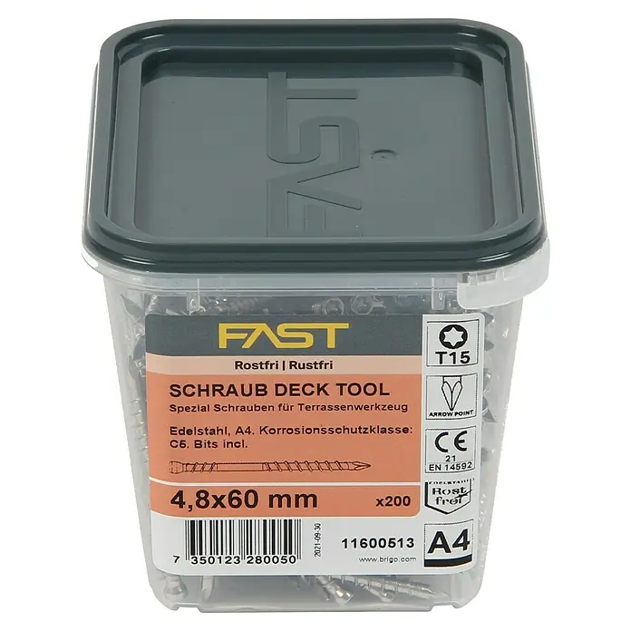 Fast Terrassenschraube - Ø x L: 4,8 x 60 mm, Edelstahl rostfrei A4, 200 Stk. - Behälter mit 200 rostfreien 4,8x60mm A4 Edelstahlschrauben für Terrassen mit T15 Torx-Antrieb.