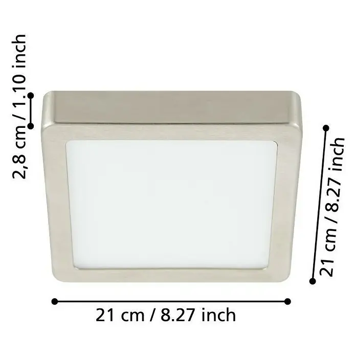 Eglo Fueva 5 LED-Deckenleuchte - 16,5 W, 21 x 21 x 2,8 cm, Nickel-matt, Neutralweiß - Nahaufnahme einer quadratischen Deckenleuchte mit LED-Panel und silberfarbenem Rahmen, inklusive Maßangaben.