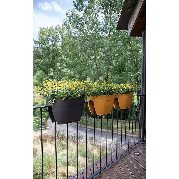 Artevasi Capri Campana Balkonkasten - L x B x H: 39 x 25,6 x 22,5 cm, Kunststoff, Grau, Matt - Balkonkästen mit gelben Blumen auf einem Balkongeländer.