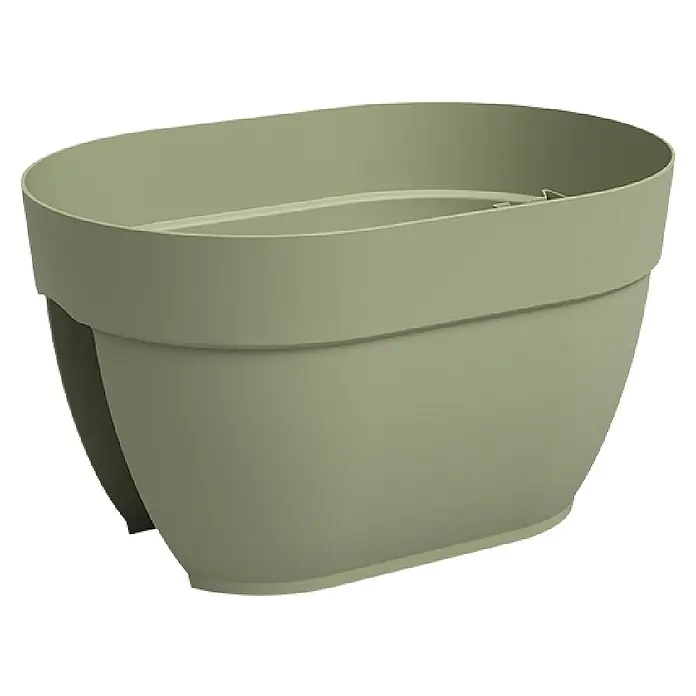 Artevasi Capri Campana Balkonkasten - L x B x H: 39 x 25,6 x 22,5 cm, Kunststoff, Grün, Matt - Nahaufnahme eines modernen, olivgrünen Pflanzgefäßes mit einzigartigem Design, ideal für stilvolle Pflanzenpräsentationen im Innenbereich.