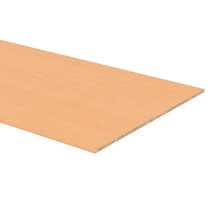 Finsa Tablero de melamina - Haya Daimiel, 244 x 60 x 1,6 cm - Primer plano de un tablero de partículas con una superficie de chapa de madera marrón claro, ideal para muebles y diseño interior.