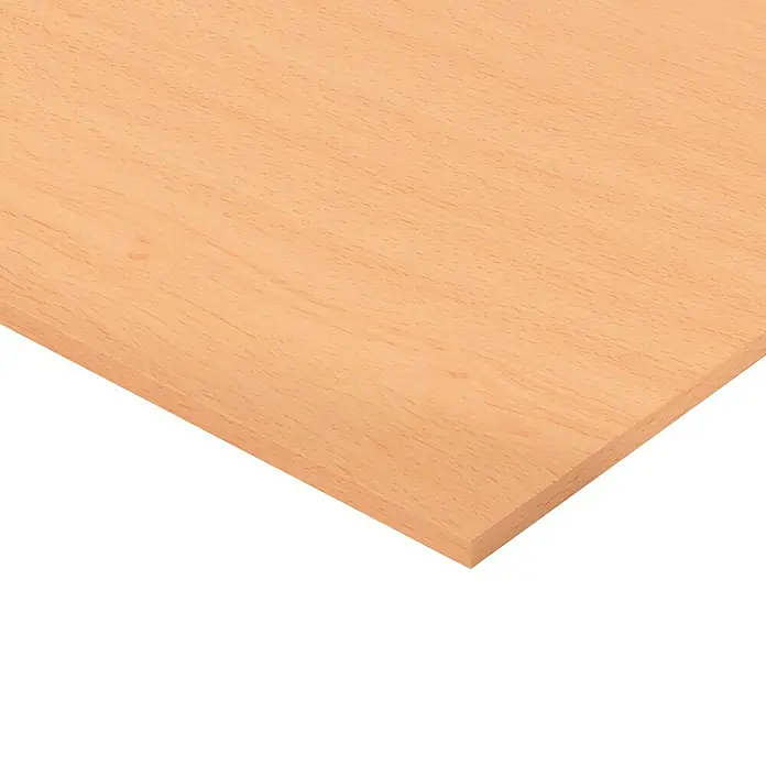Finsa Tablero de melamina - Haya, 80 x 40 x 1,6 cm - Primer plano de un panel de madera clara, mostrando la veta natural del material y su color cálido. Ideal para muebles o proyectos de diseño interior.
