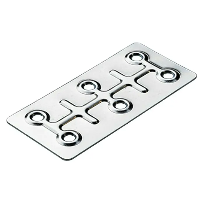 Hettich Verbindungsblech - L x B: 86 x 40 mm, Gesamtstückzahl: 1 Stk. - Silberne rechteckige Metallverbinderplatte mit sechs Löchern und geprägten Strukturen.