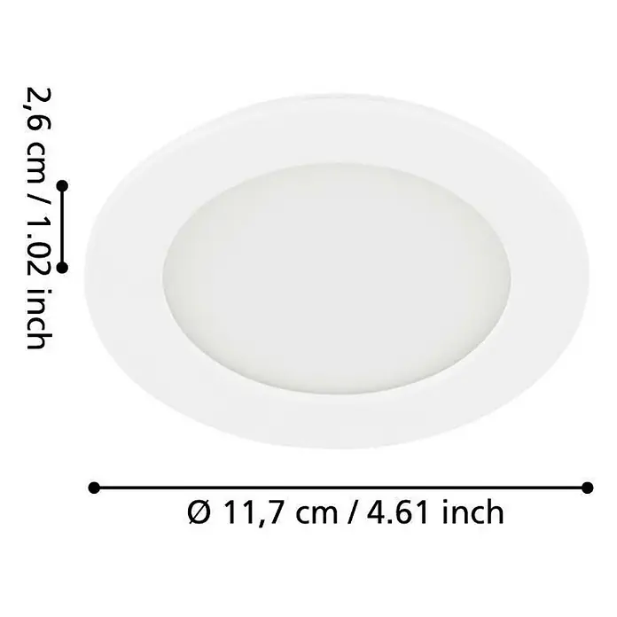 Eglo Fueva 5 LED-Einbauspot - 5,5 W, Warmweiß, Weiß, Ø x H: 11,7 x 2,6 cm - Abbildung einer runden, weißen LED-Einbauleuchte mit Größenangaben.