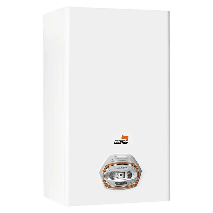Cointra Caldera Superlative Plus 24 C - 24,5 kW, 8 l, Display multifunción - Imagen de una caldera blanca Cointra Superlative Plus. El diseño moderno y los controles digitales son claramente visibles.