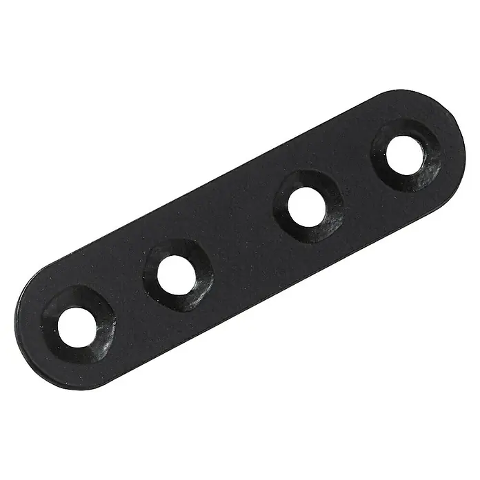 Hettich Verbindungsblech - L x B x S: 60 x 15 x 2 mm, Schwarz - Eine schwarze Verbindungsplatte mit vier Löchern, die zum Verbinden von Teilen verwendet wird. Ideal für Möbelreparatur oder DIY-Projekte.