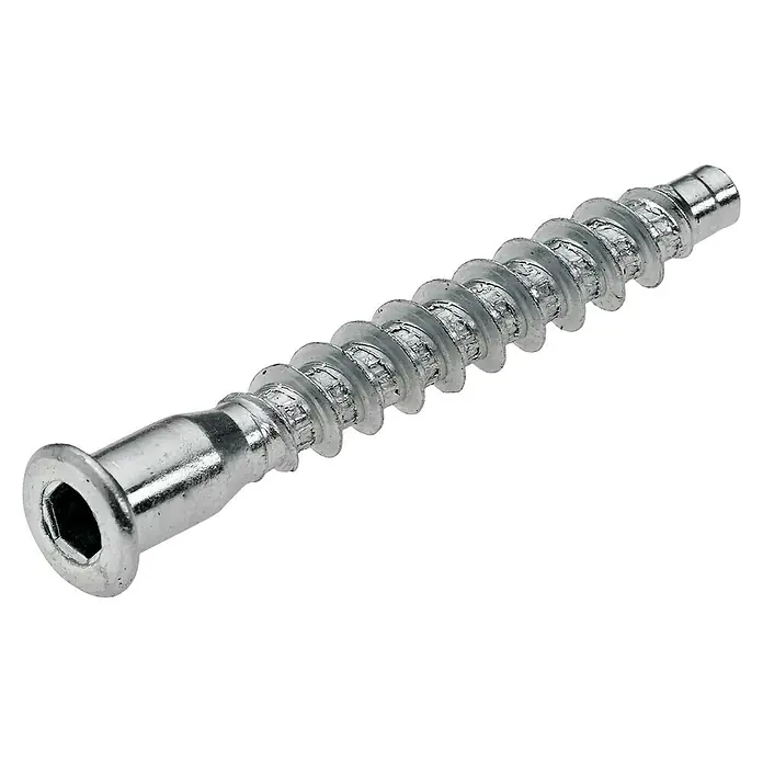 Hettich Verbindungsschraube - Ø x L: 4 x 40 mm - Nahaufnahme einer glänzenden, silberfarbenen Holzschraube mit einem Innensechsrundkopf und einem scharfen Gewinde unter einem schwarzen Hintergrund.