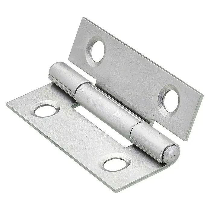 Hettich Scharniere - L x B x S: 40 x 25 x 1 mm, Edelstahl - Nahaufnahme eines silbernen Türscharniers, das mechanische Details und die Befestigungslöcher deutlich zeigt. Ideal für Bau- und Heimwerkerprojekte.