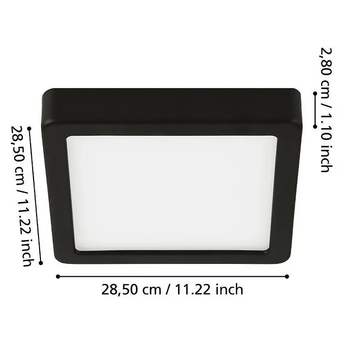 Eglo Fueva 5 LED-Deckenleuchte - 20 W, 28,5 x 28,5 x 2,8 cm, Schwarz, Neutralweiß - Abbildung einer quadratischen Deckenleuchte in Schwarz mit den Maßen 28,50 x 28,50 x 2,80 cm.
