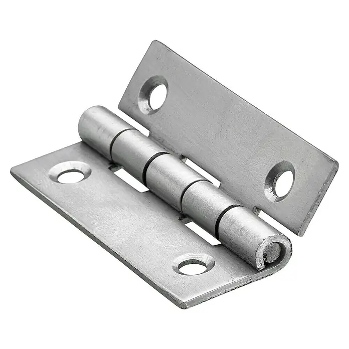 Hettich Scharniere - L x B x S: 50 x 30 x 1 mm, Edelstahl - Nahaufnahme eines glänzenden, silberfarbenen Türbandes mit Löchern für Schrauben vor schwarzem Hintergrund.