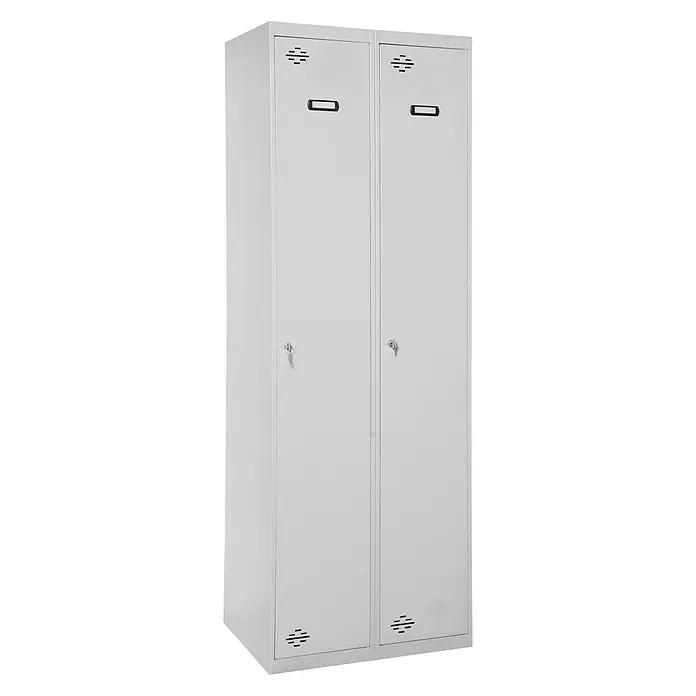 Simonrack Simonlocker Taquilla Prof. Single-Divider - L x An x Al: 50 x 100 x 180 cm, Número de puertas: 2 ud., Gris/Gris - Dos taquillas metálicas grises con ranuras de ventilación, asas y cerraduras, perfectas para guardar de forma segura objetos personales.
