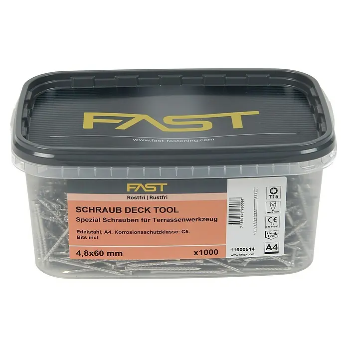 Fast Terrassenschraube - Ø x L: 4,8 x 60 mm, Edelstahl rostfrei A4, 1.000 Stk. - Transparenter Behälter mit 1000 rostfreien A4 Edelstahlschrauben (4,8x60mm) für Terrassenholz, mit T15-Antrieb.