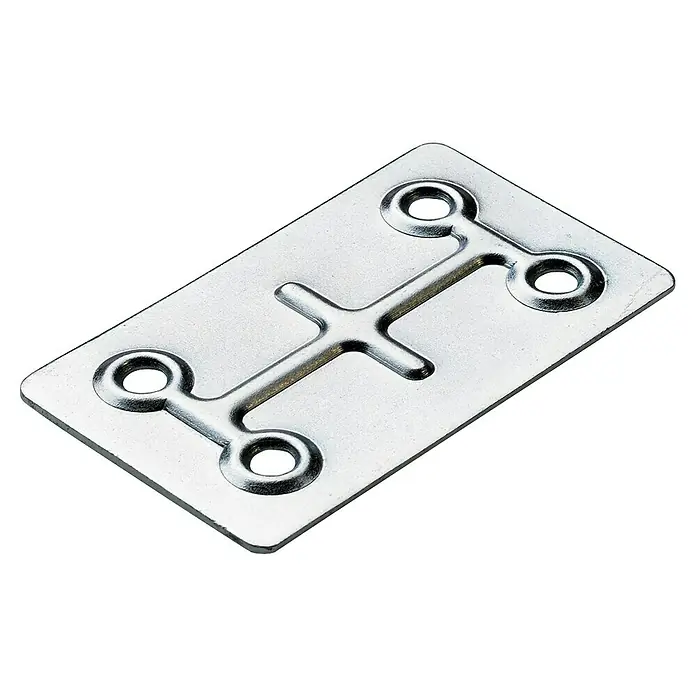 Hettich Verbindungsblech - L x B: 60 x 40 mm, Silber, Gesamtstückzahl: 1 Stk. - Eine silberne, rechteckige Montageplatte mit vier Löchern und einem Kreuzmuster in der Mitte für stabile Verbindungen.