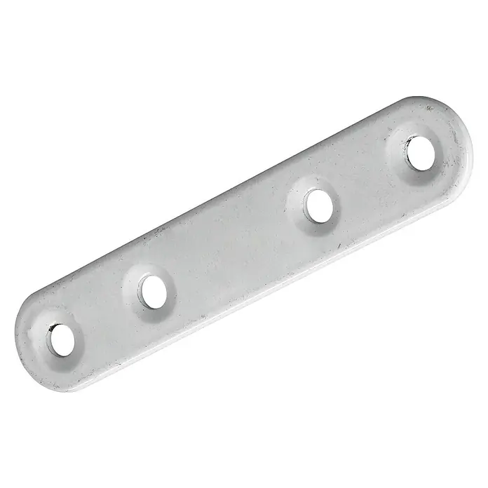 Hettich Verbindungsblech - L x B x S: 80 x 15 x 2 mm, Weiß - Eine silberfarbene Metallverbindungsplatte mit vier Löchern, ideal für Möbelreparaturen und Bauprojekte. Stabile Konstruktion für dauerhaften Halt.