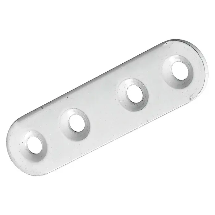 Hettich Verbindungsblech - L x B x S: 60 x 15 x 2 mm, Weiß - Nahaufnahme einer weißen, länglichen Montageplatte mit vier Löchern. Ideal zur stabilen Befestigung verschiedener Elemente.