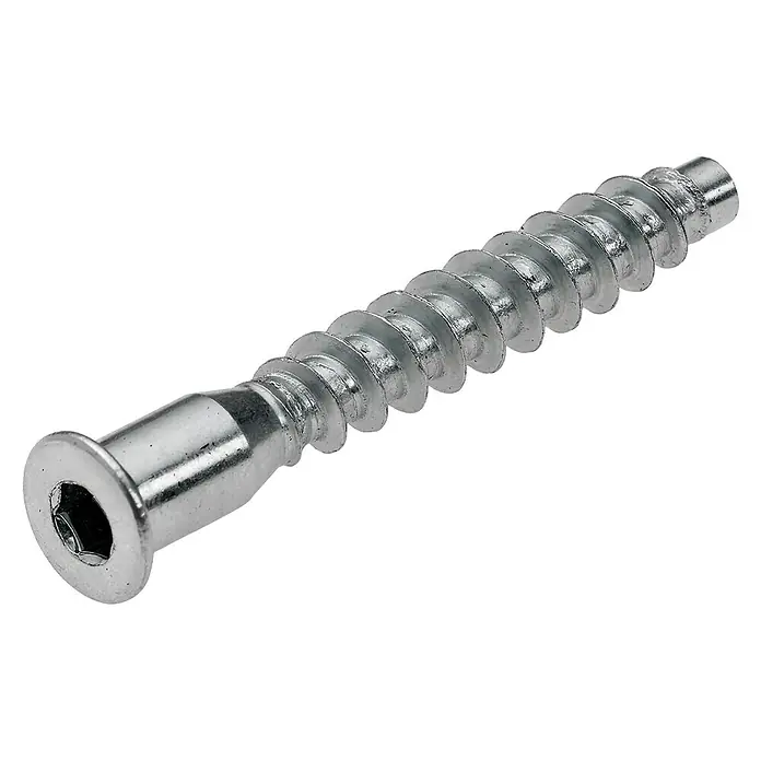 Hettich Verbindungsschraube - Ø x L: 5 x 50 mm - Nahaufnahme einer glänzenden, silberfarbenen Senkkopfschraube mit Innensechskant, ideal für Holzverbindungen und Möbelmontage.