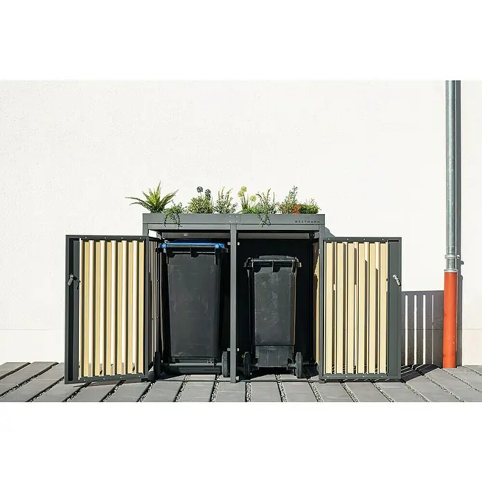 Westmann Mülltonnenbox Planta - Stahl, Anthrazit/Braun, Geeignet für Anzahl Mülltonnen: 2 Stk. - Zwei Mülltonnenboxen aus Metall mit Holzverkleidung und bepflanztem Dach, die eine stilvolle und praktische Lösung für die Mülltonnenaufbewahrung bieten.